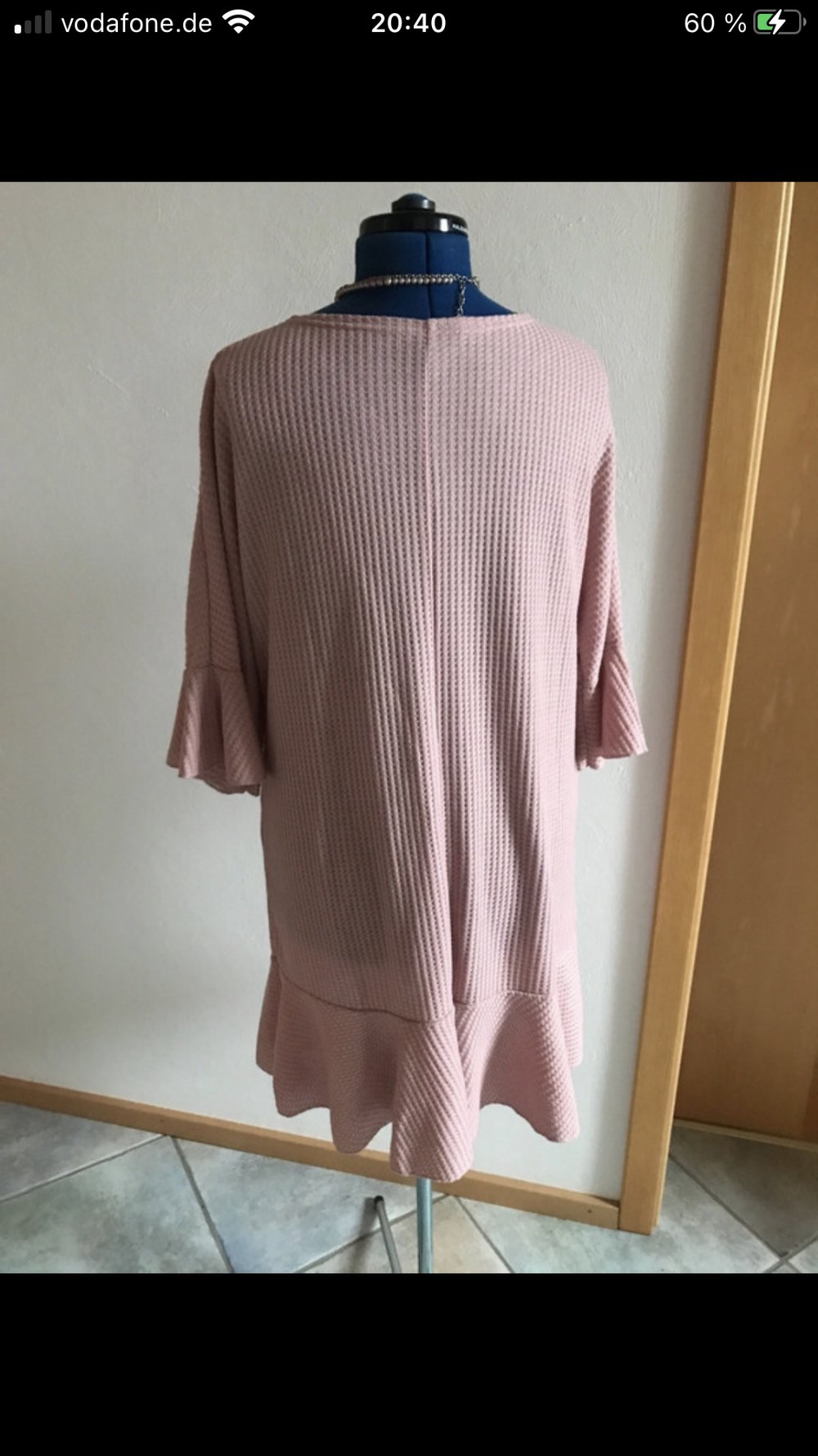 Kleid Waffelpique 44/46 Volant Hängerchen Shirtkleid Plussize Bequem Lounge Wear Midi Altrosé Halbarm verspielt Details Knopfleiste 