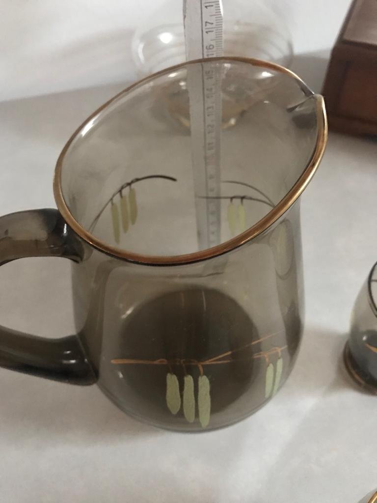 Karaffe Becher Set Rauchglas Gravur Goldrand 50 s Retro Gedeck Konvolut Anbiet Set Henkelkaraffe Glasbecher Art Deco 