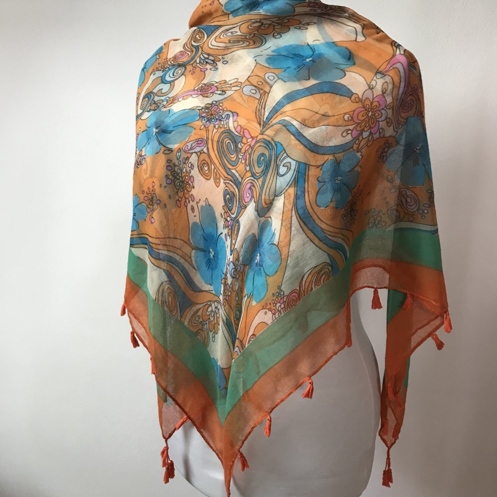 Tuch Schal Paero Fransentuch mit Troddeln Umhang Schultertuch Scarf bunt Orange 