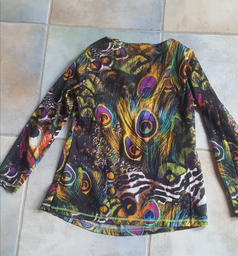 Tunika Oberteil Pfauenauge M Boho Retro Blusentop Schlupfbluse Shirt V-Ausschnitt