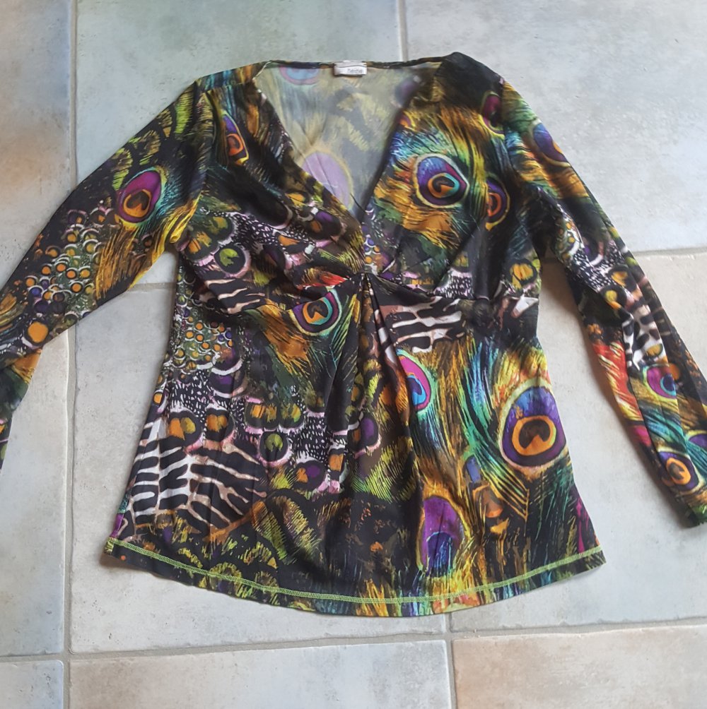 Tunika Oberteil Pfauenauge M Boho Retro Blusentop Schlupfbluse Shirt V-Ausschnitt