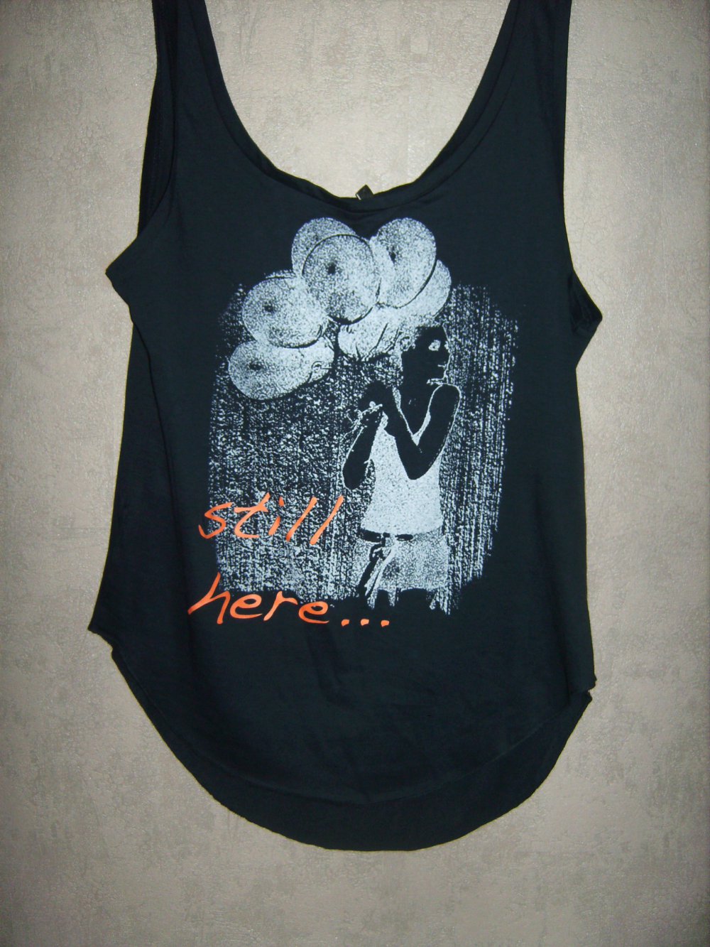 Motiv Shirt, Trägershirt, T-shirt black used Look, lässig mit Druck, Tara, Gr. L, Halfmoon, lässig weit. Trägertop. Top Inprint, Einheitsgröße, abgerundeter Bund, Halfmoon