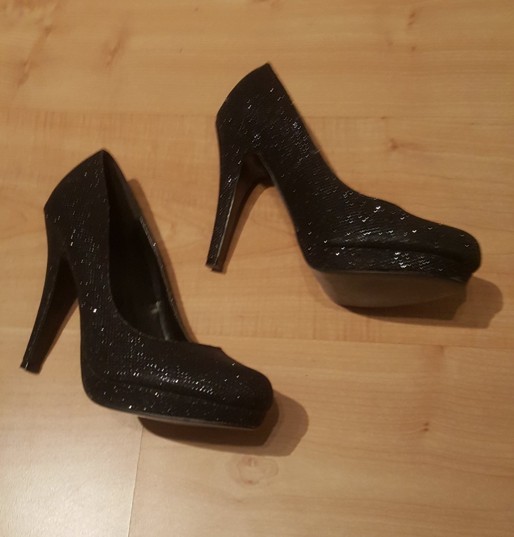 Starlet Pumps 38 Glamour schwarze Glitzer High Heels Bühnen Show  