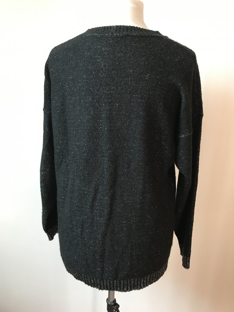 Pullover Pulli 44/46 Strick schwarz Perlweiß Vintagelove Doublé Blattmotiv Langarm Rundhals Oberteil y2k 