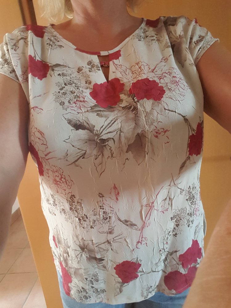 Ärmellose Bluse,  Tunika, Oberteil, Shabby Top Krinkle Blütenprint Gr 44, Rose  Pfingstrose,Hibiscus