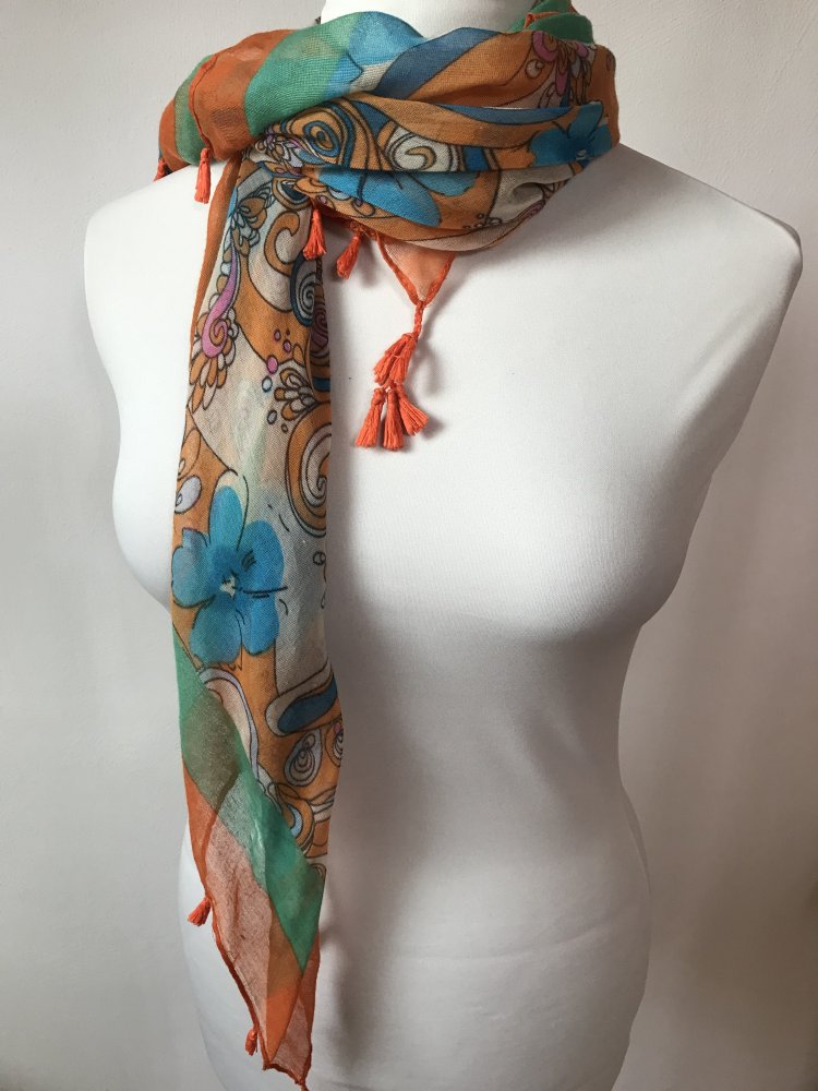 Tuch Schal Paero Fransentuch mit Troddeln Umhang Schultertuch Scarf bunt Orange 