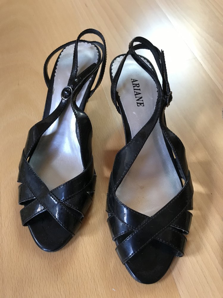 Slingback Peeptoe Lack schwarz Riemen Pumps Stilettos 40 Absatzschuhe 