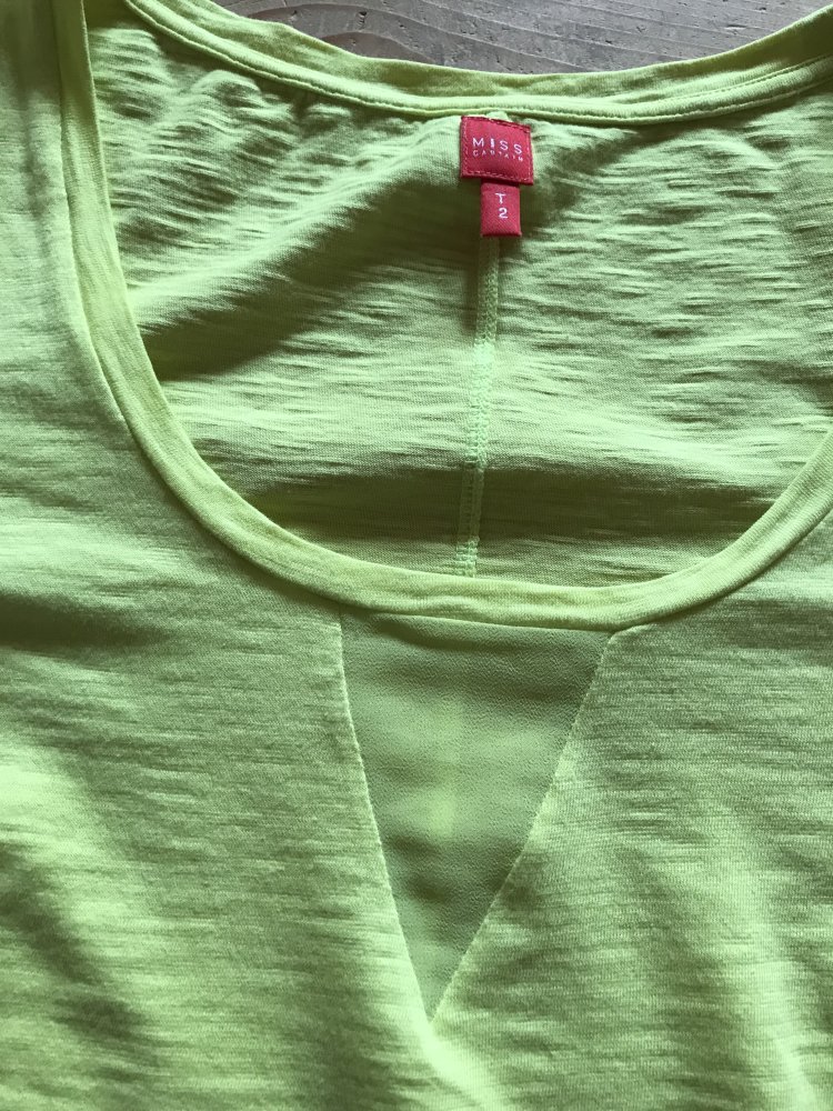 T-Shirt Miss Captain T2 Meshoptik Oberteil Baumwolle Kurzarm Gr.44 Neongelb Colour Blocking Lagenlook 