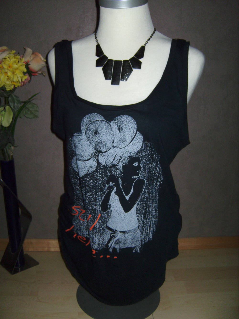 Motiv Shirt, Trägershirt, T-shirt black used Look, lässig mit Druck, Tara, Gr. L, Halfmoon, lässig weit. Trägertop. Top Inprint, Einheitsgröße, abgerundeter Bund, Halfmoon