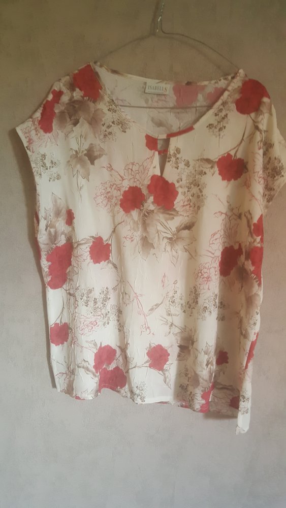 Ärmellose Bluse,  Tunika, Oberteil, Shabby Top Krinkle Blütenprint Gr 44, Rose  Pfingstrose,Hibiscus