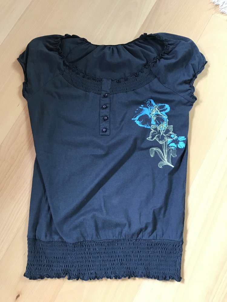 Shirt blau Gummibund gesmokt 38/40 Oberteil 