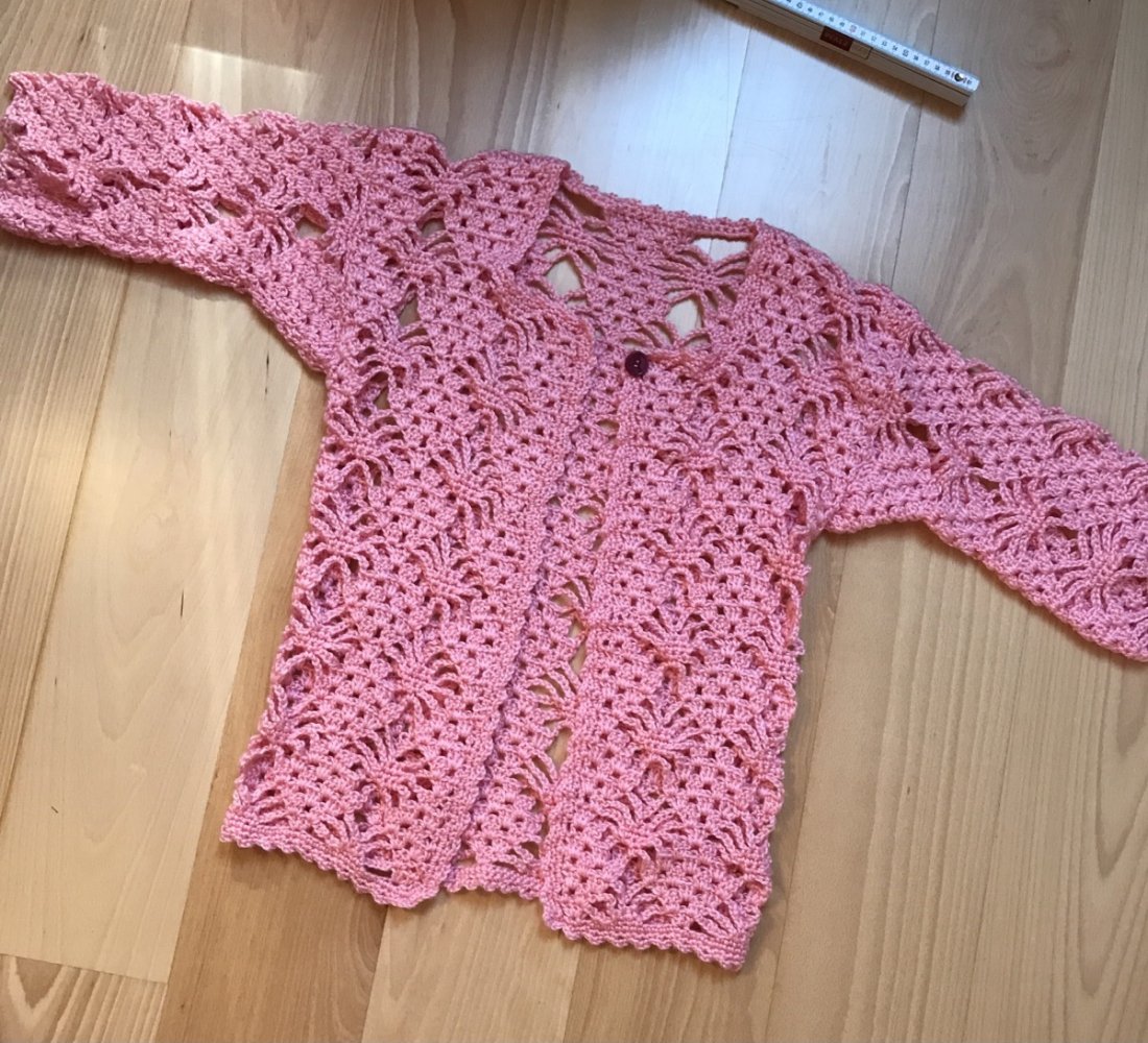 Cardigan Weste Strickjacke 40/42 Makramee Unikat rosé Bolero Hüftlang Halbarm Handknitted DIY  