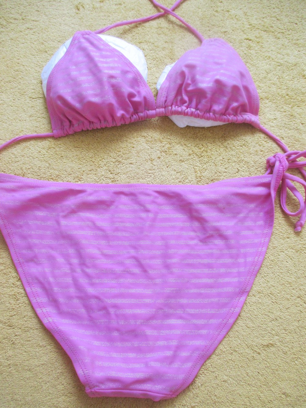 NEUw * Edel * DESIGNER * Lurex- Glitzer * Streifen * Neckholder * Triangel * Bikini * Gr. 38- 40/ S- M * 75B * Barbie * pink * silber *