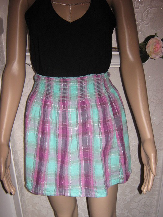 NEU * Sexy * edel * Original DESIGNER VINTAGE * Lurex- Glitzer * Madras- Karo * Mini- Rock * Gr. 32- 36/ XS- S * grün * silber *