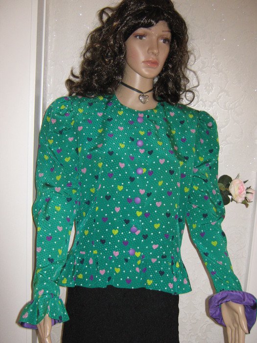  NEU * Original VINTAGE * Seiden * Peplum * Schößchen * Bluse * Jäckchen ''STUDIO DRESS de Luxe'' Gr. 38- 40/ S- M * smaragd- grün * bunt *