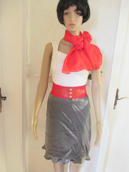 NEU * Edel * Original VINTAGE * Seiden * Chiffon * Satin * Italy- DESIGN * Volant * High Waist * Rock * Gr. 34- 36/ XS- S * silber- grau *