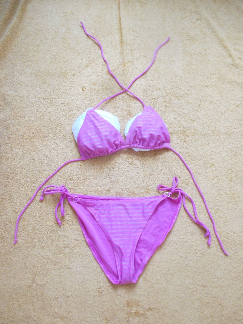 NEUw * Edel * DESIGNER * Lurex- Glitzer * Streifen * Neckholder * Triangel * Bikini * Gr. 38- 40/ S- M * 75B * Barbie * pink * silber *