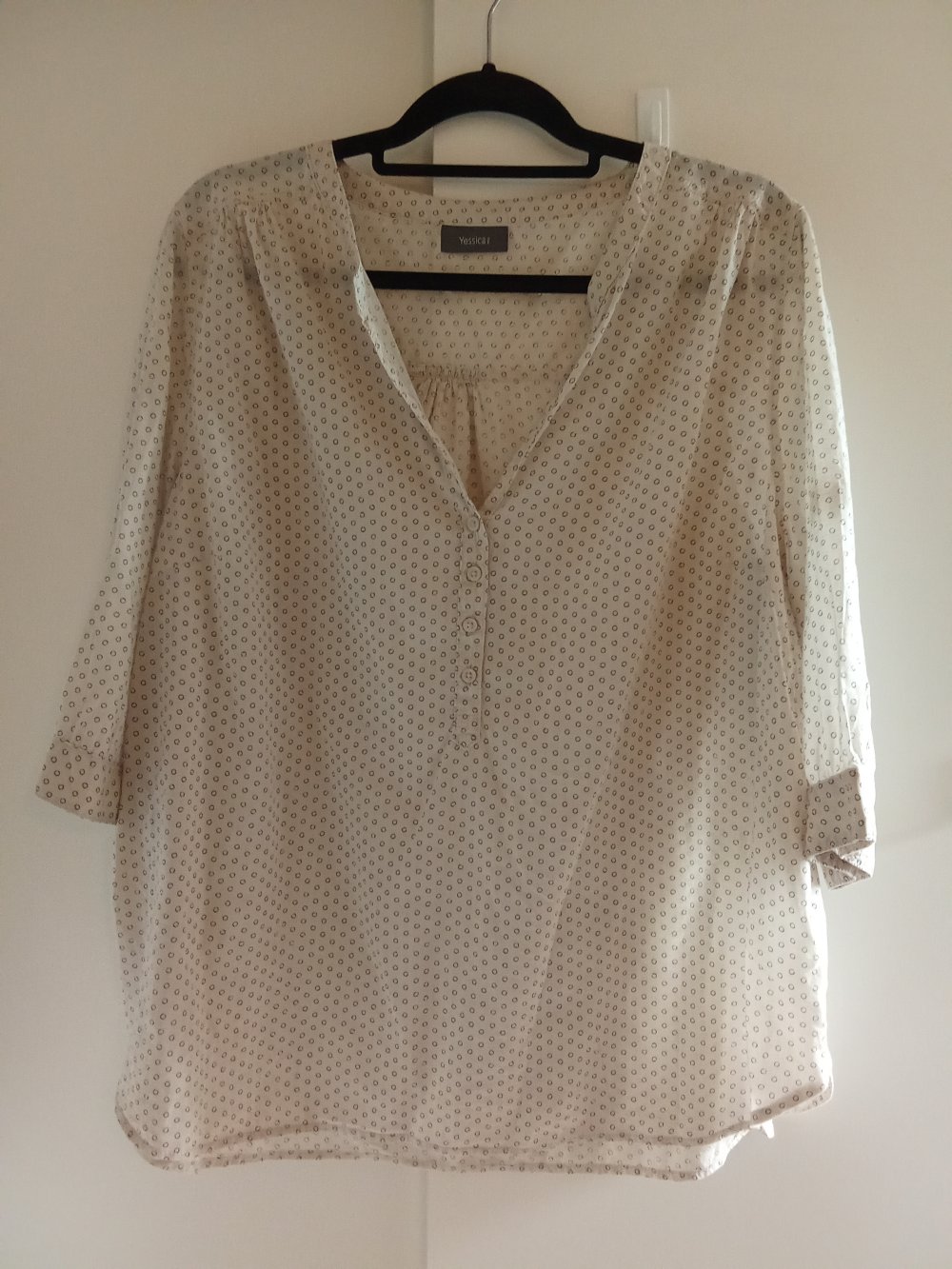 Bluse beige Kreise blau