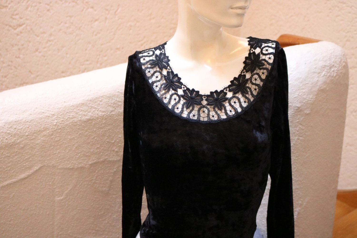 #Pannesamt-Body m. Spitze, #schwarz, #elastisch, #Modechic, #hochwertig