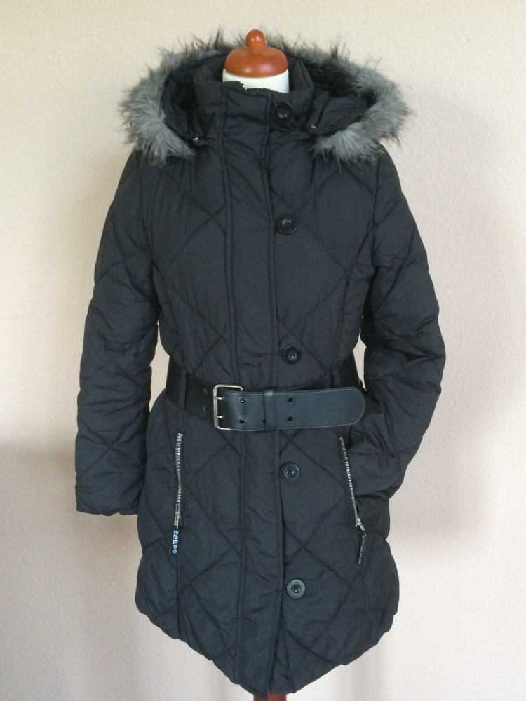Tokyo Collection Winter Parka Mantel mit Kapuze und Gürtel Gr.38 schwarz warm wattiert