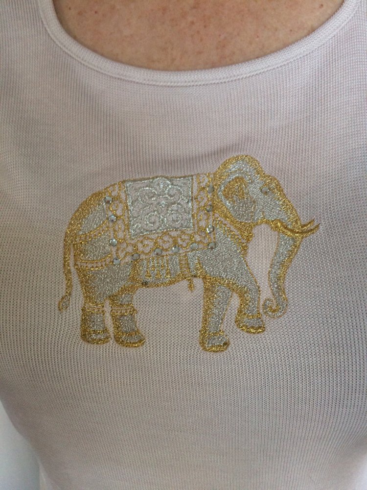 Kiwi Tank Top Gr.44 mit Gold Faden Elefant Stickerei auf der Brust Nude / Rose