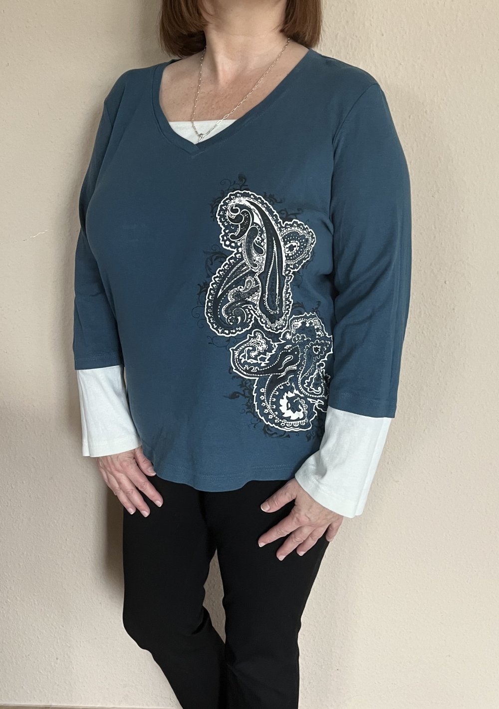 Mia Linea doppellagiges langarm Shirt Gr.46 petrolfarben mit Tribalmuster