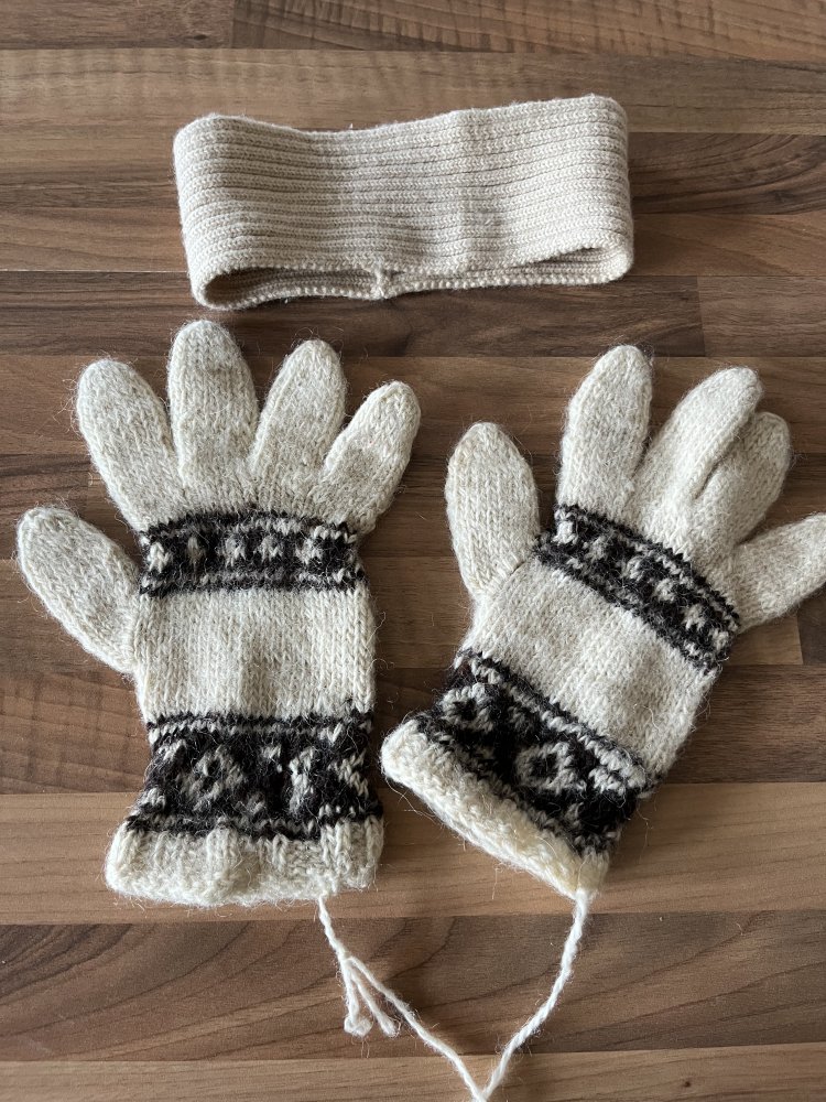 Handgestrickte Handschuhe mit Stirnband aus echter Wolle Neu Einheits-Größe da sehr dehnbar