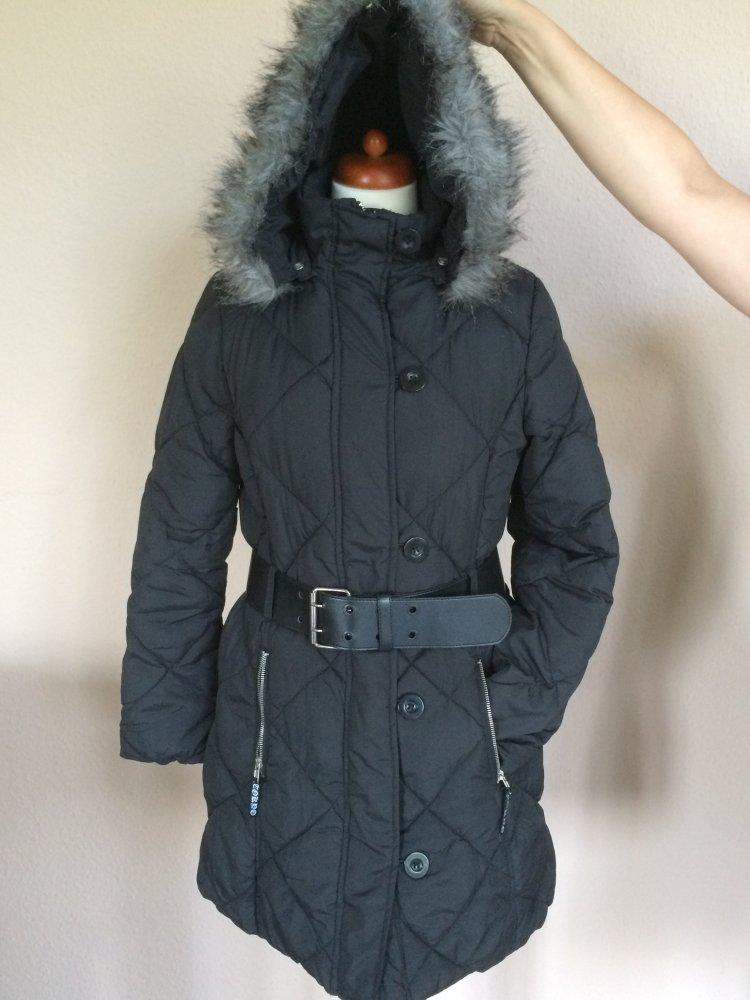 Tokyo Collection Winter Parka Mantel mit Kapuze und Gürtel Gr.38 schwarz warm wattiert