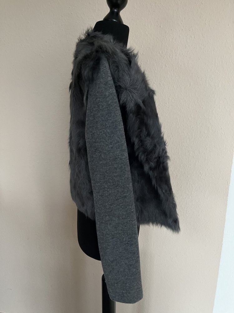 Massimo Dutti Fell Woll Jacke Gr.S Leder Fell Wolle grau