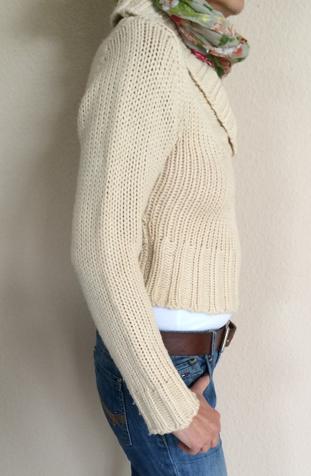 Waterdrop Grobstrick Cropped Grobstrick Pullover mit Kragen Cremefarben Gr.S
