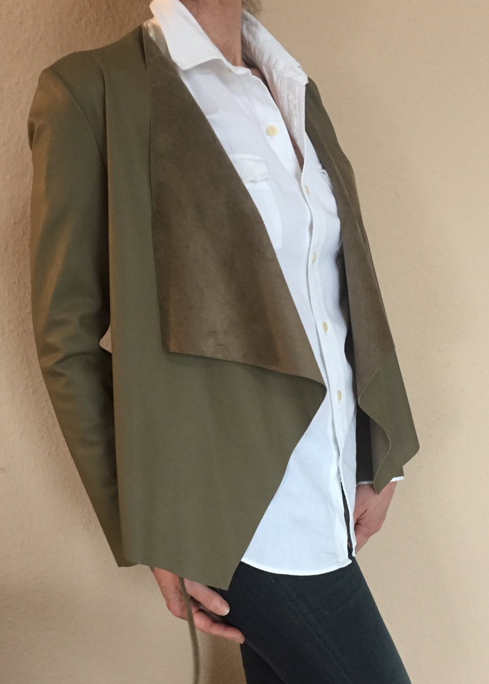 Zara Basic Kunstleder Jacke Cardigan Gr.S Khaki mit Wasserfall Kragen