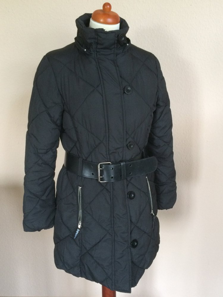 Tokyo Collection Winter Parka Mantel mit Kapuze und Gürtel Gr.38 schwarz warm wattiert