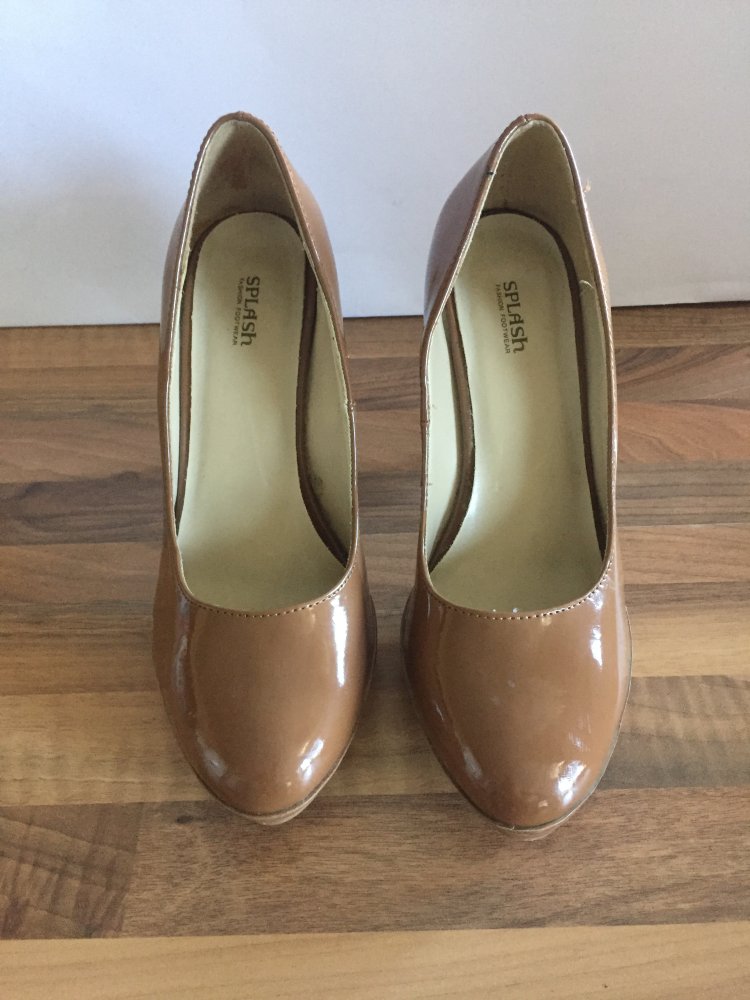 Splash Plateau Lack High Heels Gr.38 mit Holz Optik Absätzen, Farbe Toffee Caramel