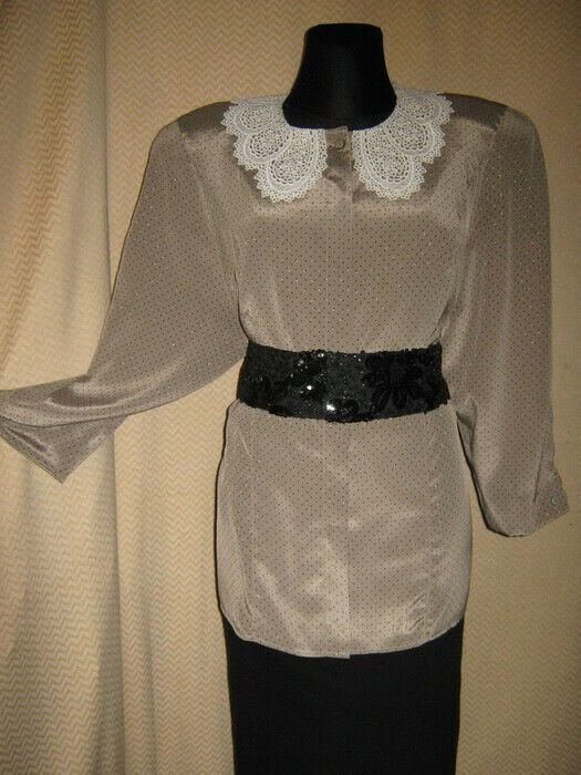 NEU * Original Vintage * Peter Pan * Romantik * Häckel- Kragen * Polka Dots * Punkte * Tupfen * Seiden- Satin * BLUSE * Gr. 40- 44/ M- L * khaki * schwarz *