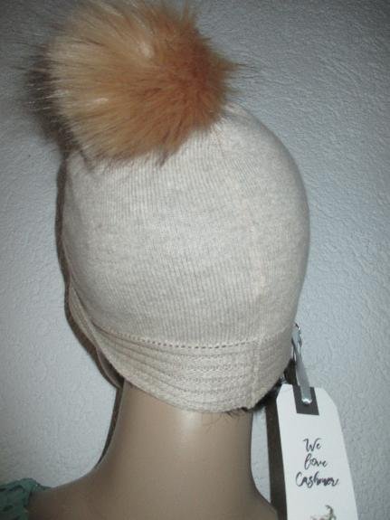 NEU mit Etikett * Kaschmir * Cashmerè * Wolle * DESIGNER * Feinstrick * Strickmütze * Mütze * Beanie * mit Fake Fur Bommel * All Size * nude * beige * caramèl *