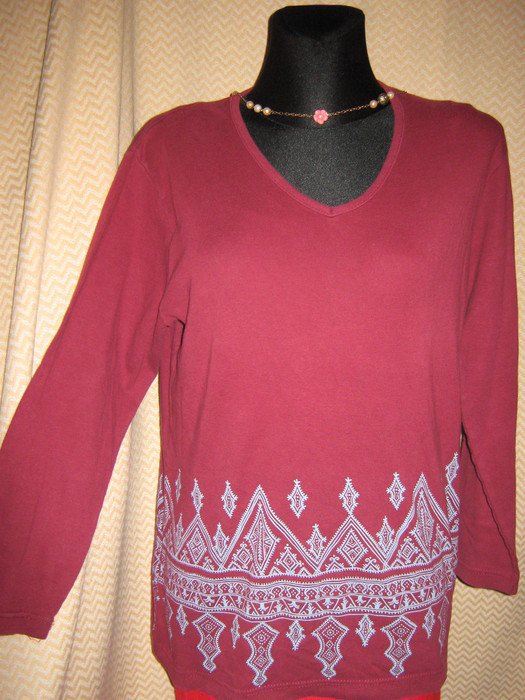 Ausgefallen * modern * Ethno * Norweger * Longsleeve * T- Shirt ''H&M'' B*B Design Jytte Meilvang * Gr. 40- 42/ M * dunkel- wein- bordaux- rot * grau *