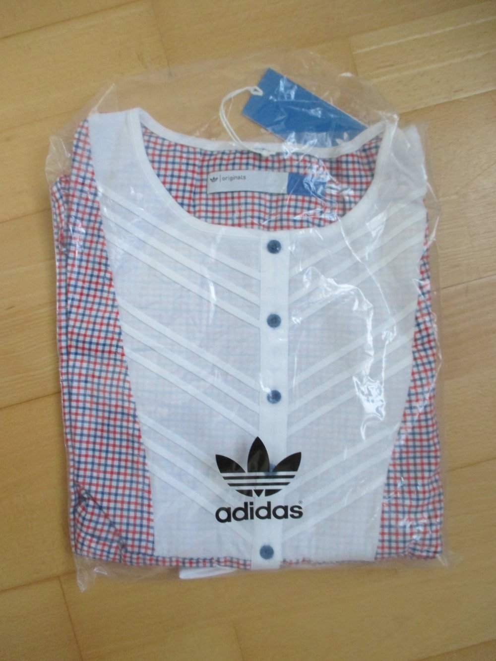 Adidas, rot-weiß-blau karierte Tunika, Bindegürtel, Gr. 38, ovp