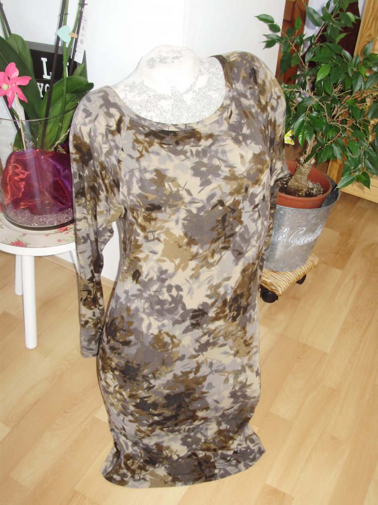 Benetton Kleid Blättermuster Stretch Langarm XS =S
