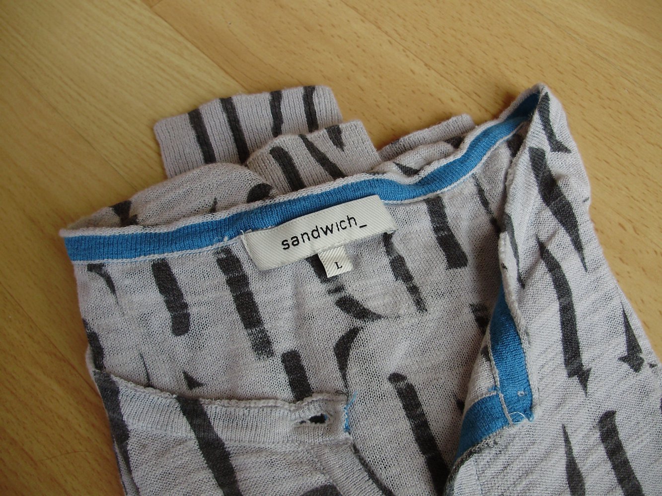 Sandwich Cardigan grau türkisfarbene Blenden Zebra Muster Gr L