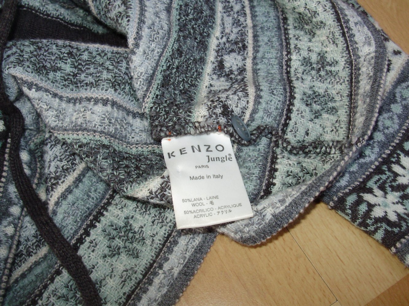 Kenzo Jungle Cardigan Pullover lang Kapuze Norweger Muster Wolle Gr L