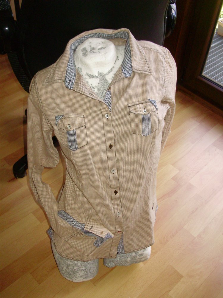 Key Largo Bluse beige blau kariert Baumwolle M