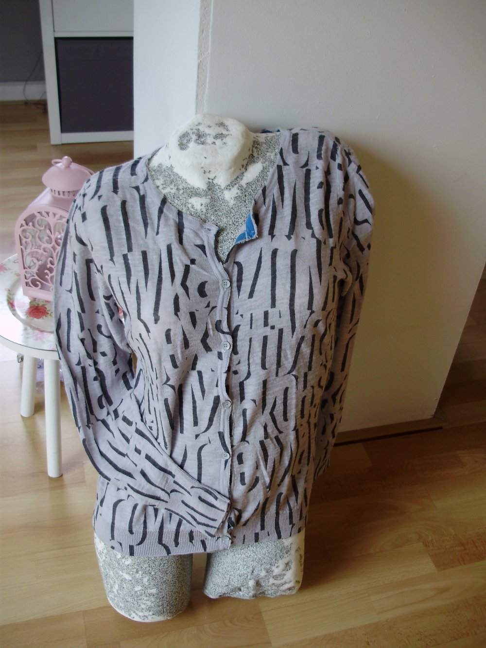 Sandwich Cardigan grau türkisfarbene Blenden Zebra Muster Gr L