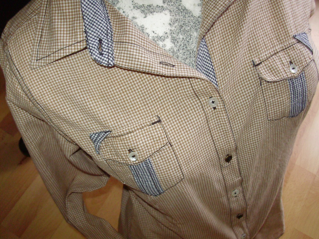 Key Largo Bluse beige blau kariert Baumwolle M