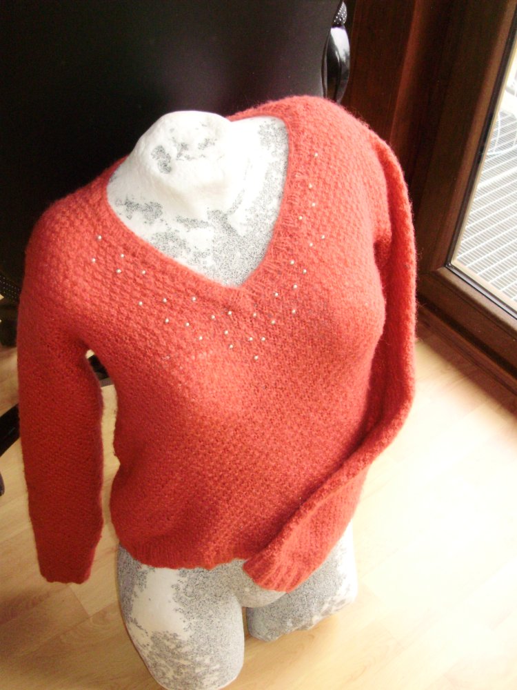 Pullover hummerfarben Perlmuster V-Ausschnitt Perlen S M