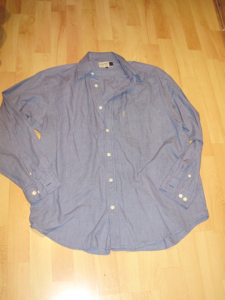 Esprit Langarm Hemd blau weiß kleine Karos 100% Baumwolle L