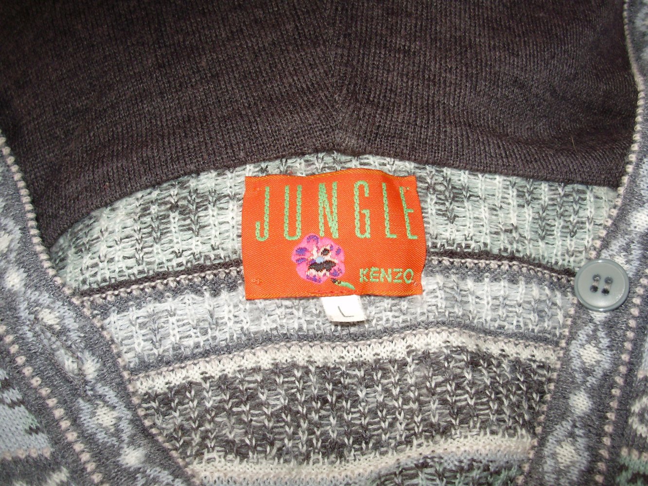Kenzo Jungle Cardigan Pullover lang Kapuze Norweger Muster Wolle Gr L