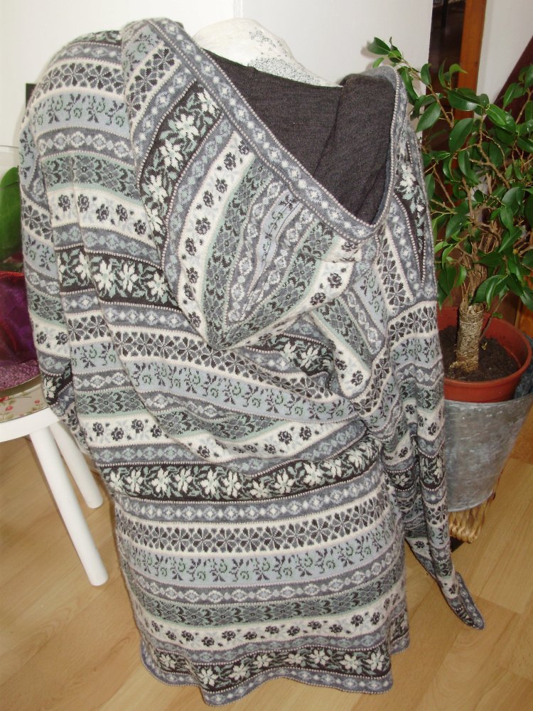Kenzo Jungle Cardigan Pullover lang Kapuze Norweger Muster Wolle Gr L