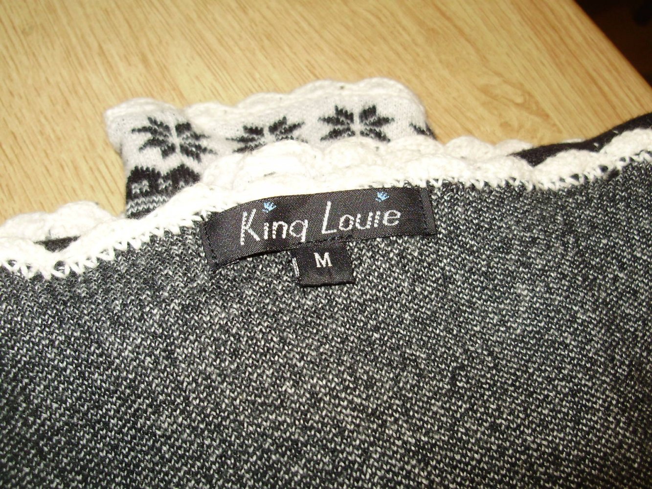 King Louie Cardigan schwarz weiß Muster Häkelborte zweireihig BW/ Wolle M