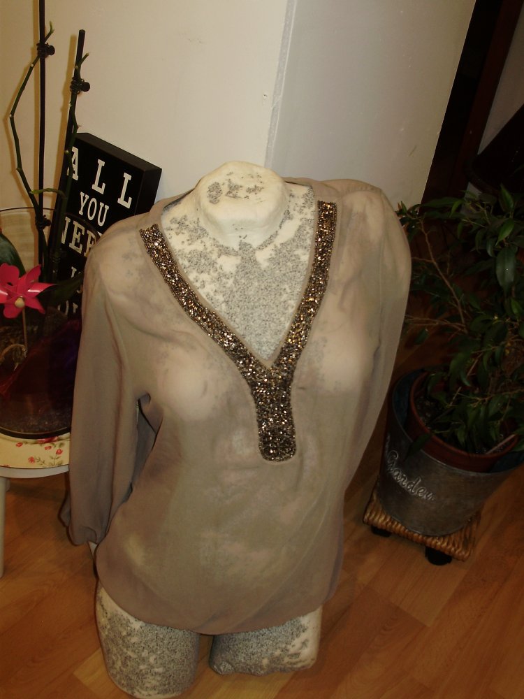 Hailys zarte Bluse Tunika braun mit Perlen Ausschnitt 7/8 Arme Gr M