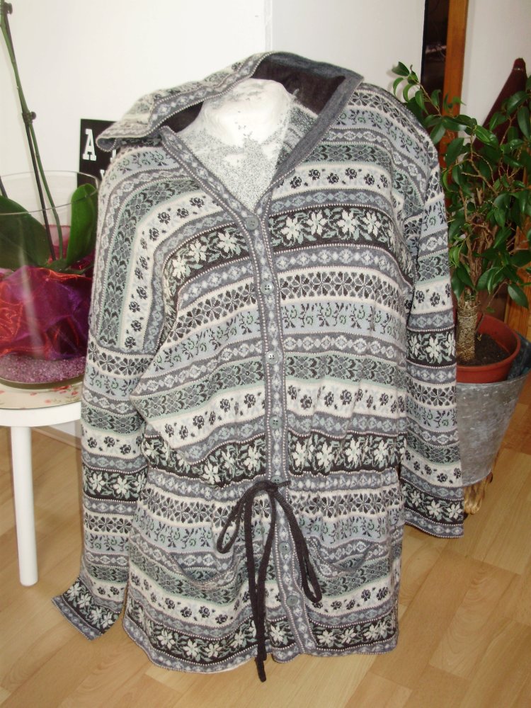 Kenzo Jungle Cardigan Pullover lang Kapuze Norweger Muster Wolle Gr L